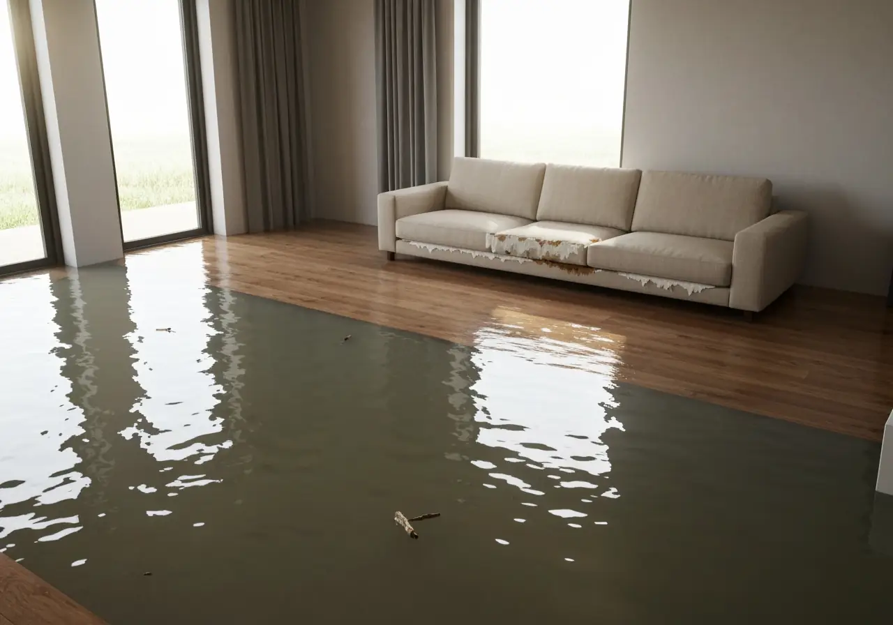 Flooded living room with standing water damaging couch and hardwood floor.