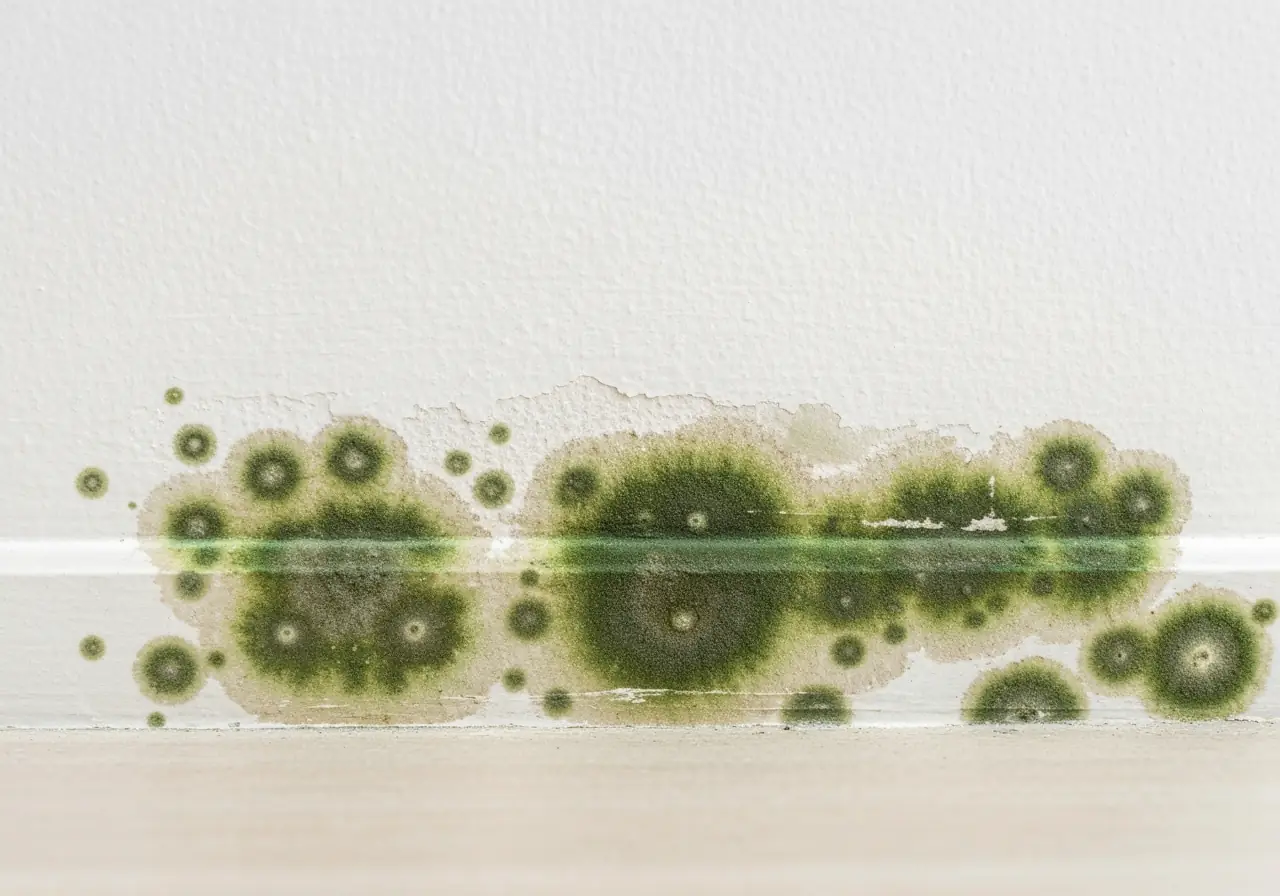 Close-up of mold growth on drywall after flood damage.
