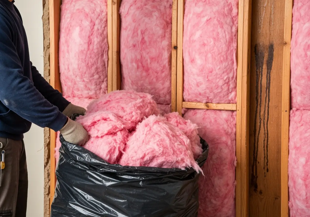 Contractor removing wet fiberglass insulation from flood-damaged wall.