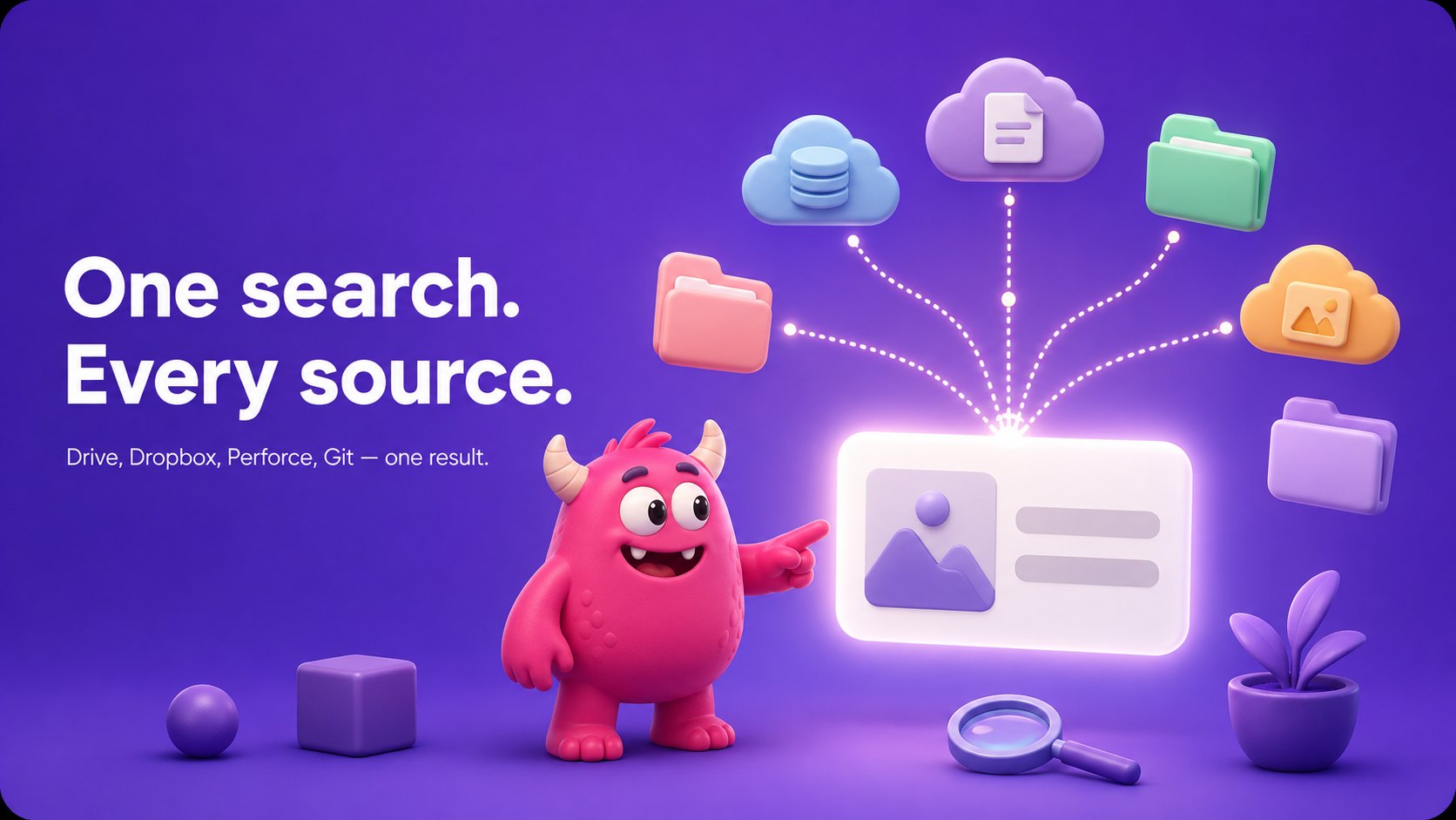 Assets from Google Drive, Dropbox, Perforce and Git converging into a single search result in Artstash