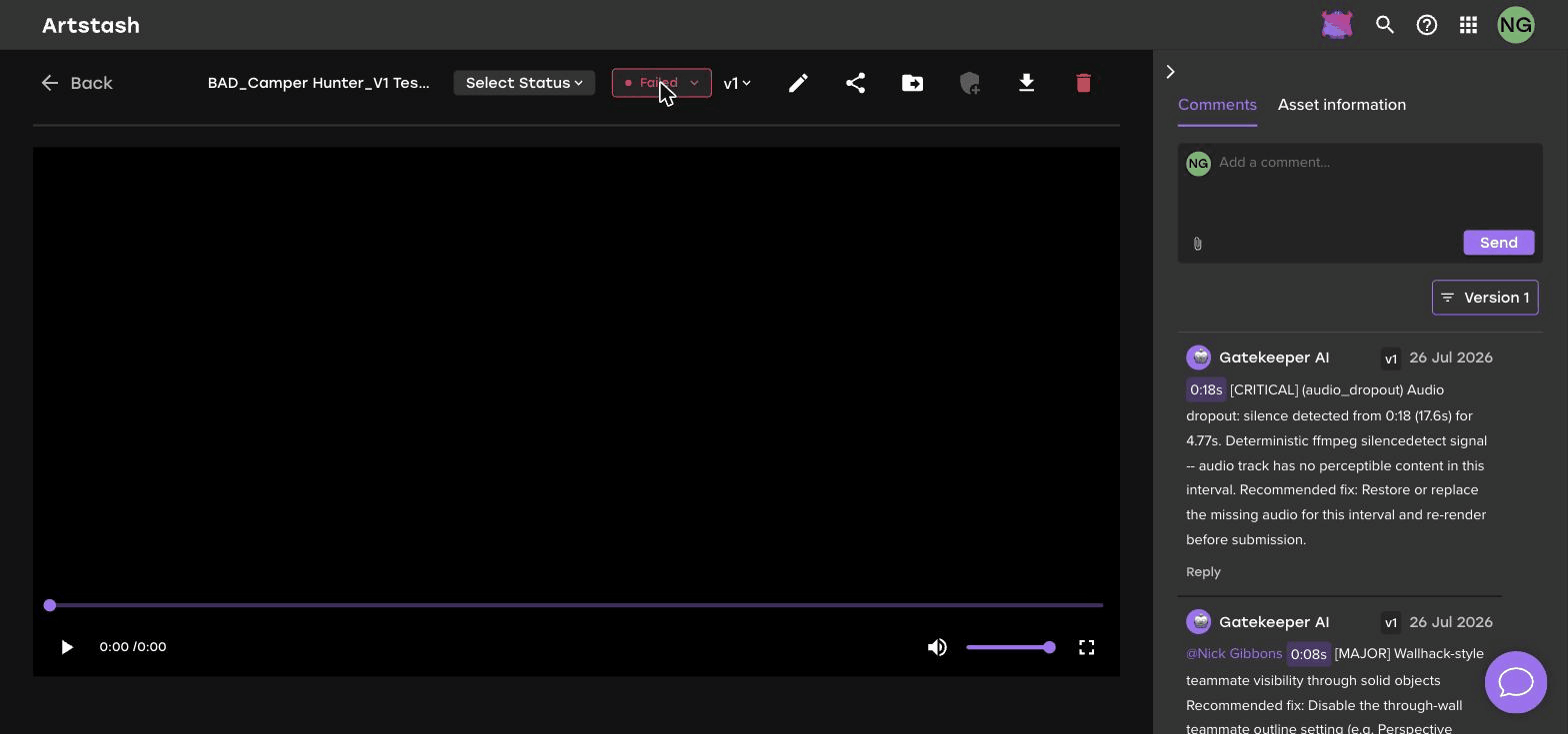 The Artstash asset preview with the Comments tab open, showing a feedback thread beside the video player