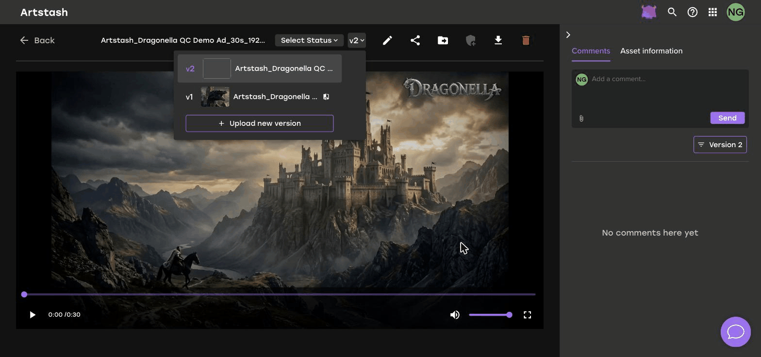 The Artstash version dropdown open, showing v2 as current, v1 beneath it, and an Upload new version button