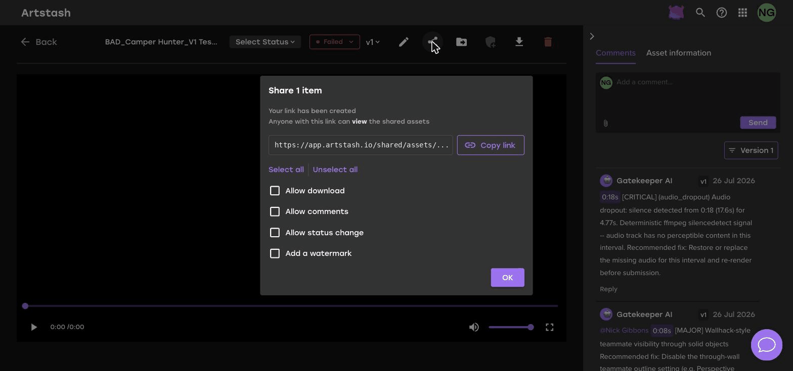The Artstash share dialog showing the generated link, Copy link button and four permission checkboxes