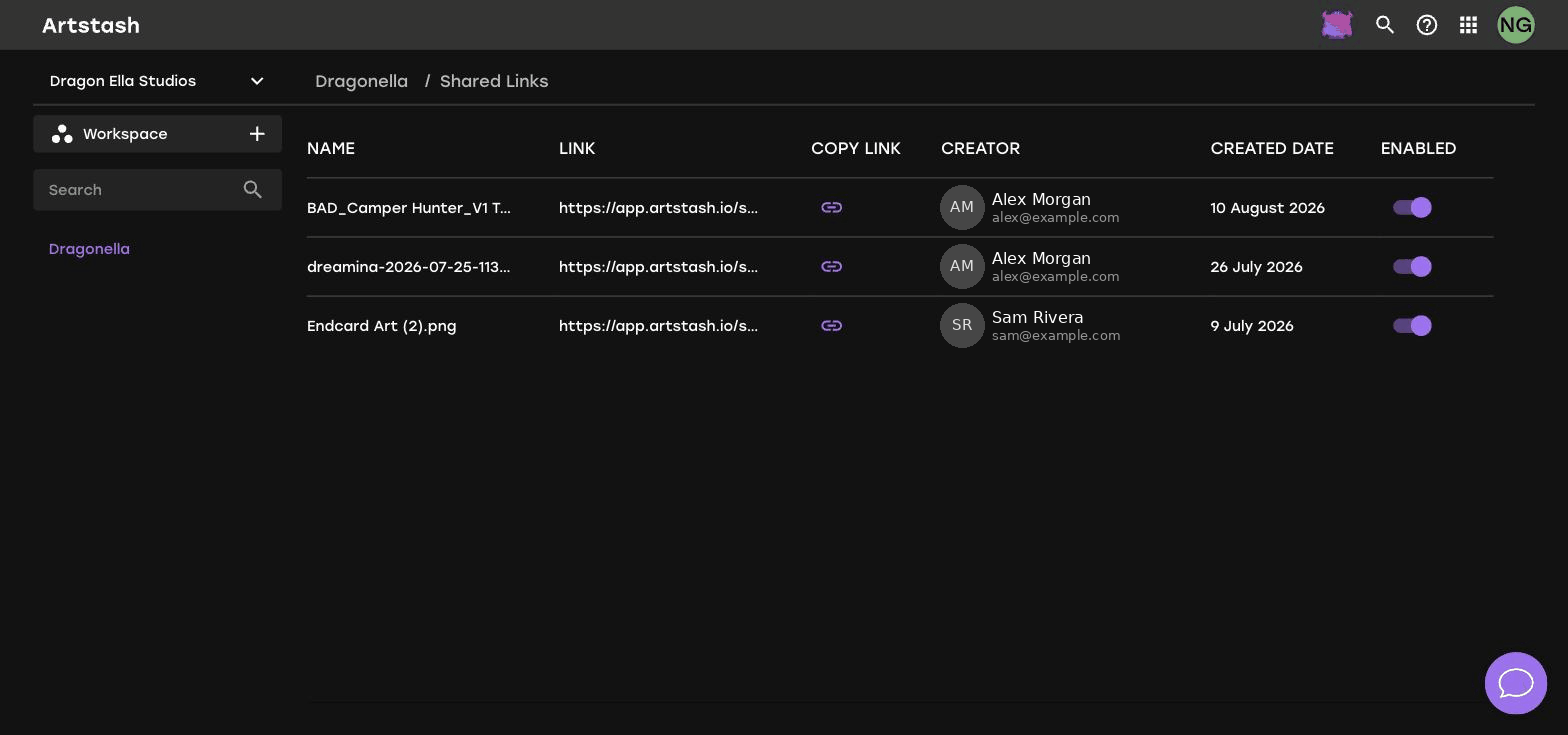 The Artstash Shared Links table showing name, link, creator, created date and an Enabled toggle for each link