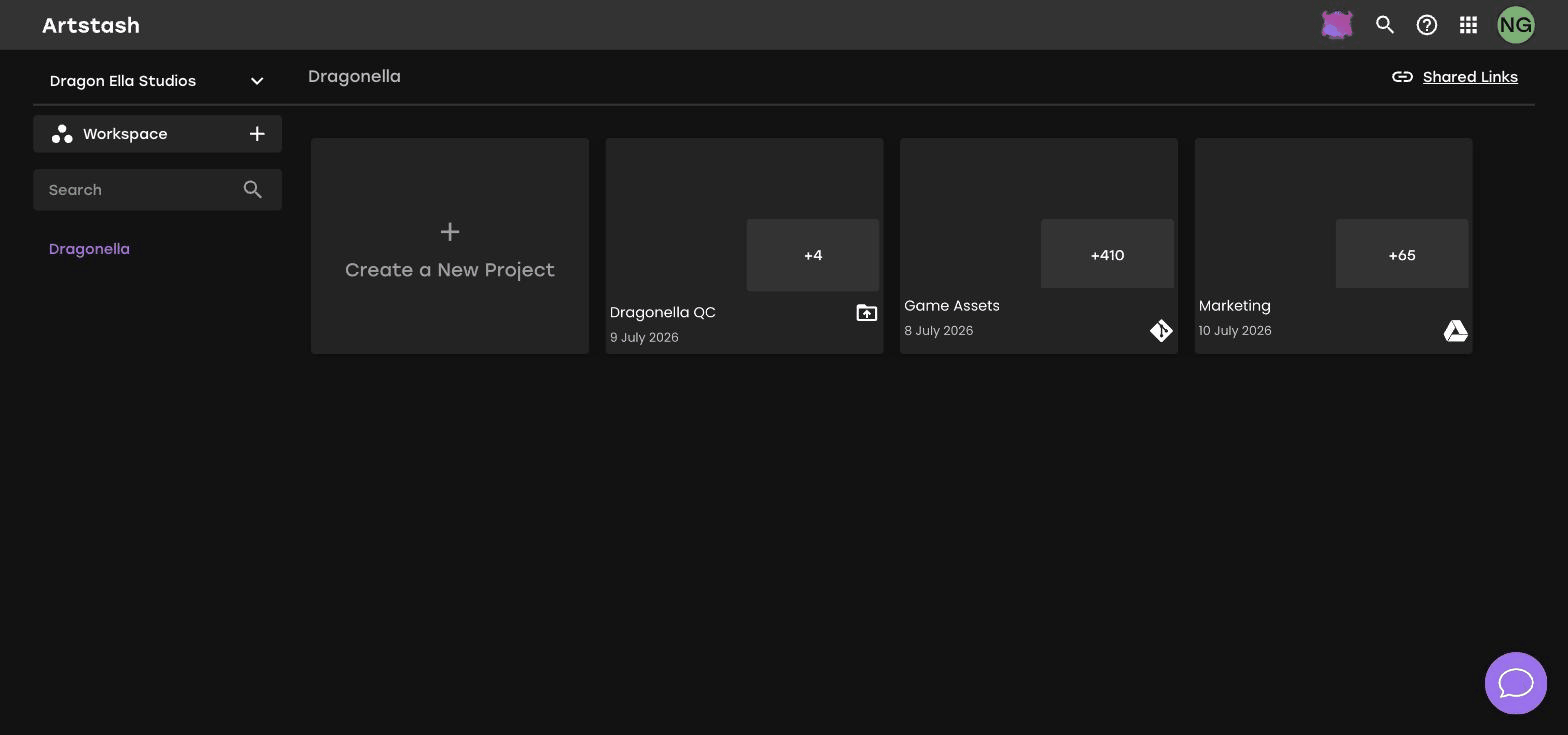 The Artstash workspace view with the Shared Links button in the top right