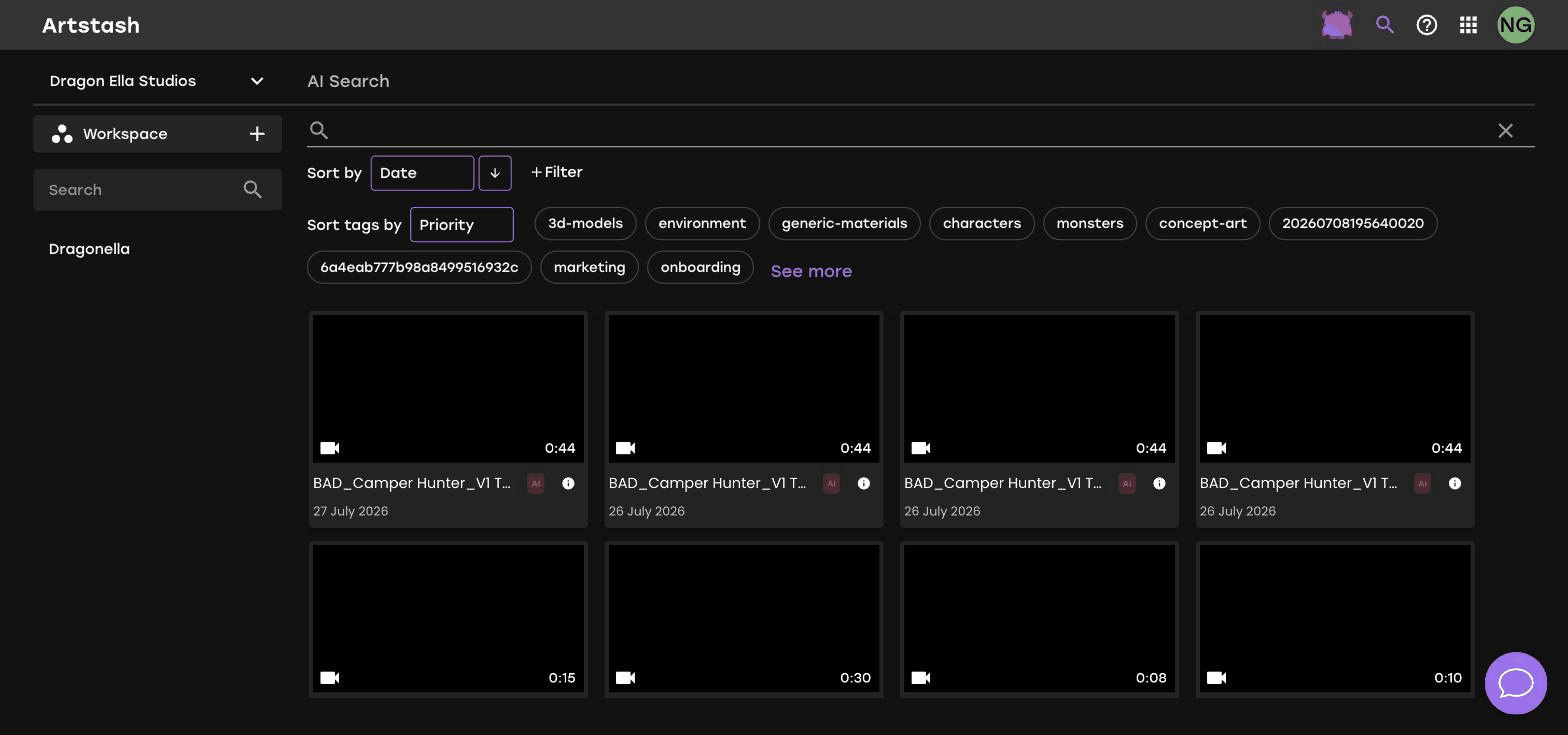 The Artstash AI Search page showing the search bar, sort controls, tag cloud and a grid of results