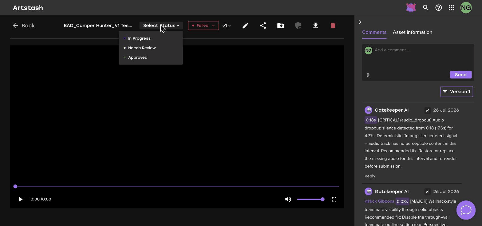 The Artstash Select Status dropdown open, showing In Progress, Needs Review and Approved
