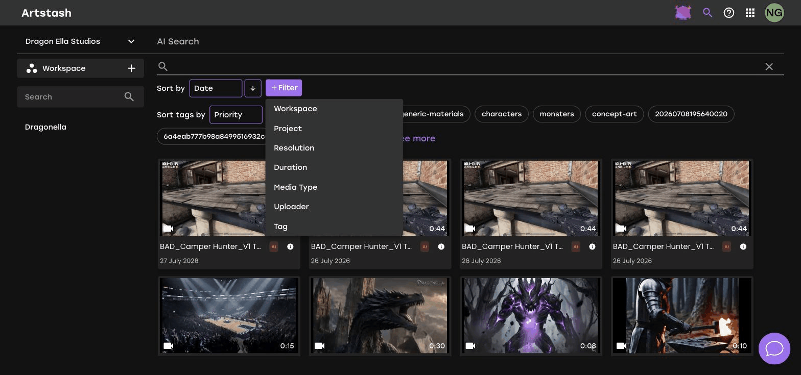 The Artstash AI Search filter menu open, listing Workspace, Project, Resolution, Duration, Media Type, Uploader and Tag