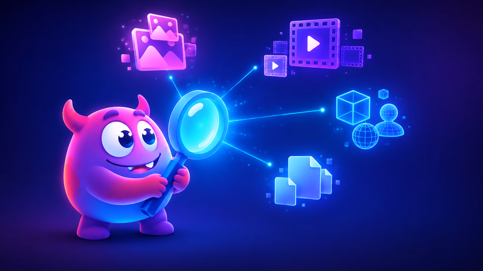 Artstash character casting a search beam across separate clusters of image, video, 3D and document files, illustrating AI asset management indexing assets in place
