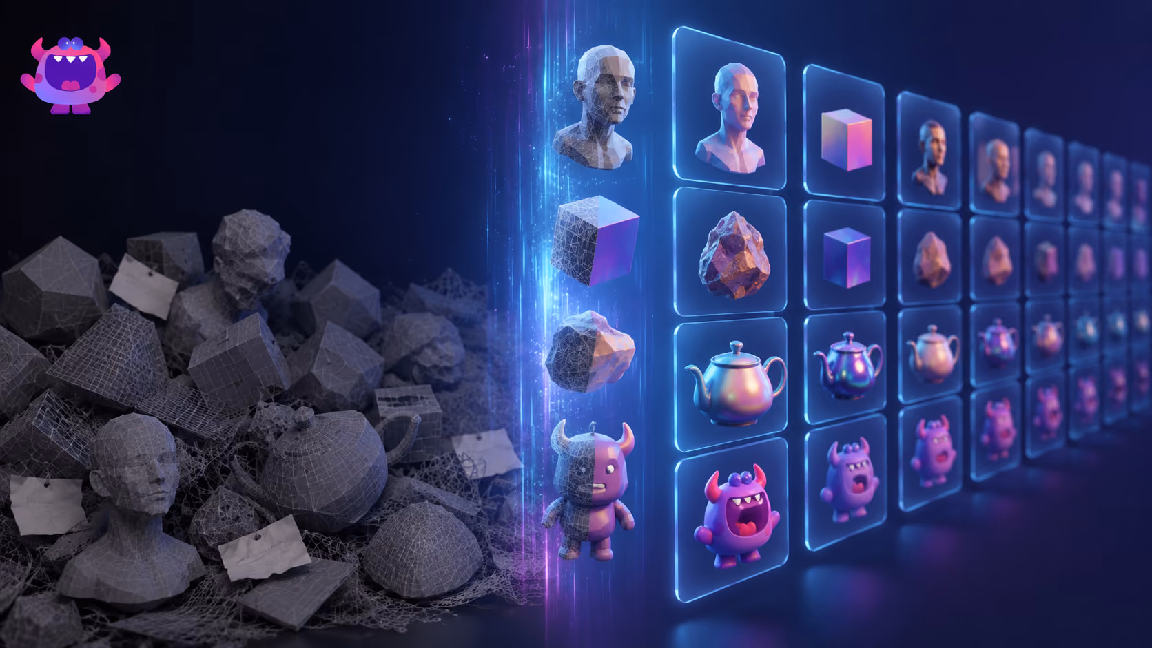 Chaotic pile of wireframe 3D models transforming into an organised, glowing library of previewed assets, illustrating 3D asset management