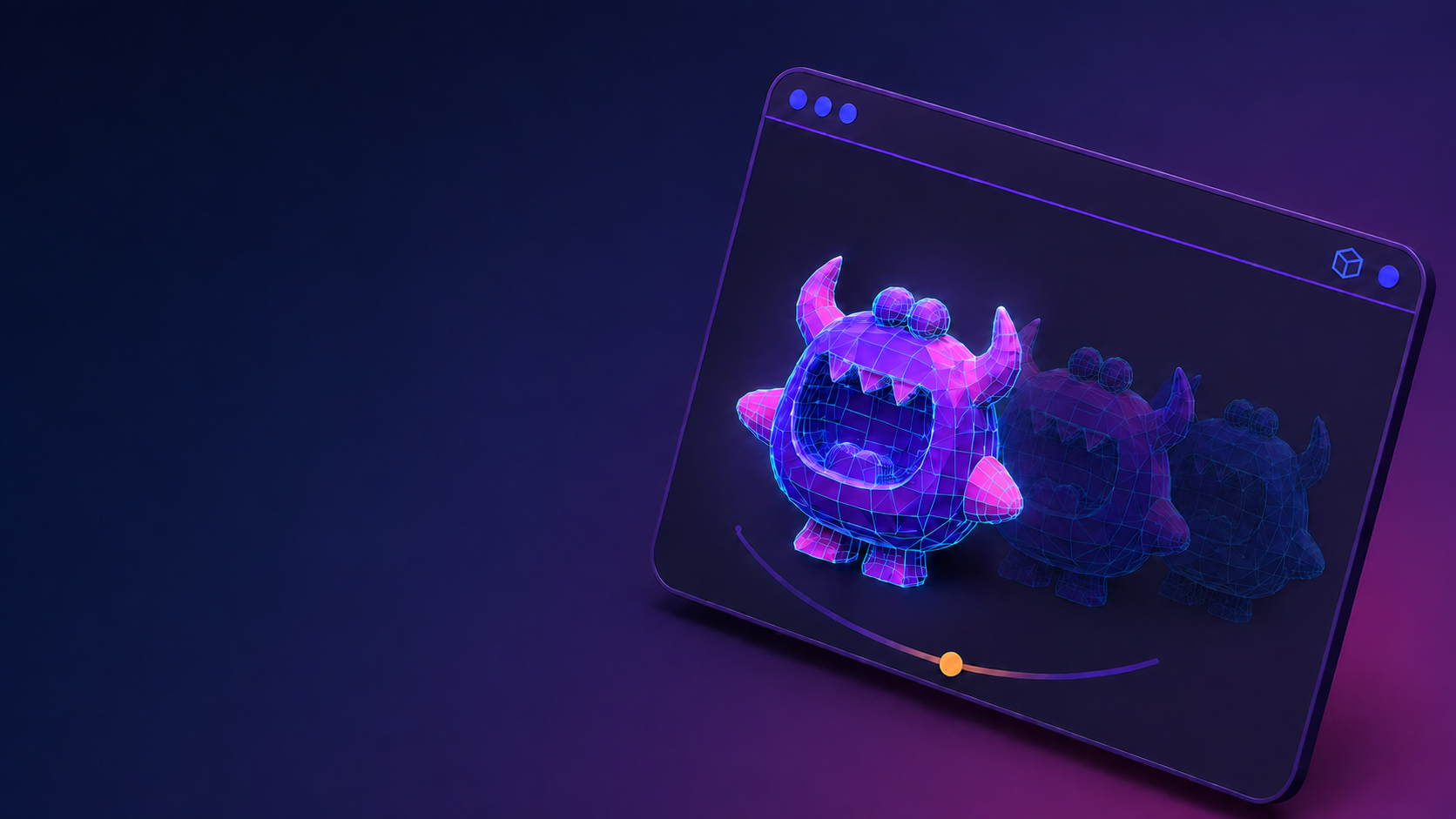 Wireframe 3D creature mesh previewed inside a browser window with LOD variants behind it, illustrating browser-based game asset review for Unreal and Unity teams