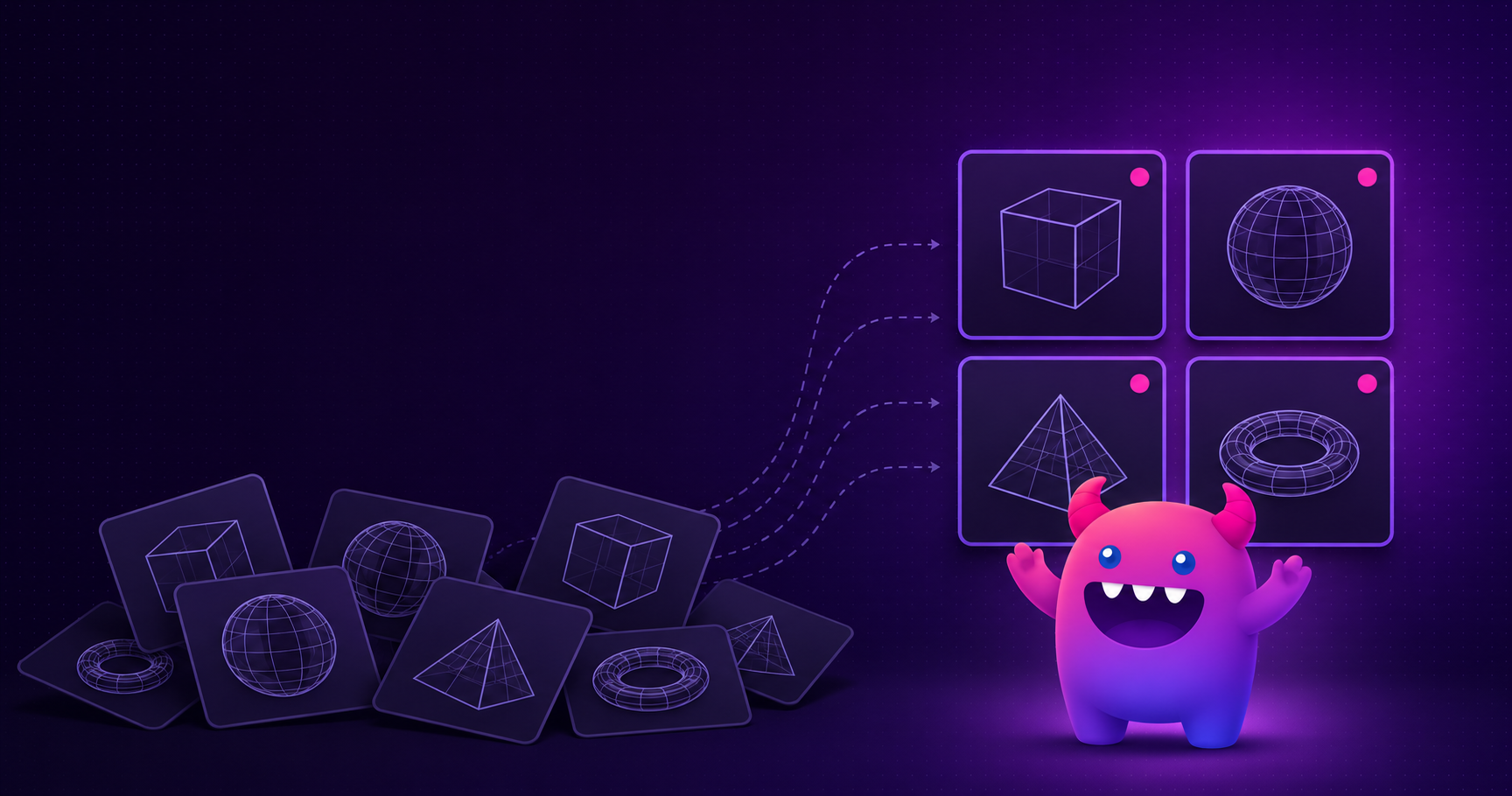 Scattered 3D asset cards on the left flowing into an organised grid of previewed assets, with the Artstash mascot alongside