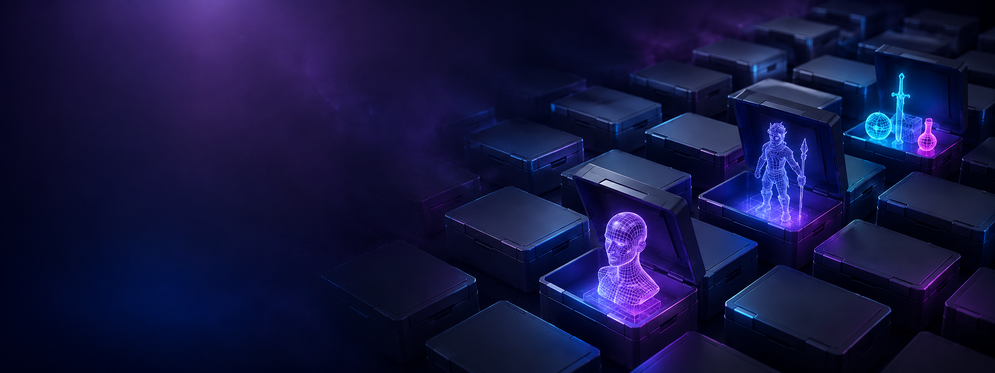 Rows of sealed dark asset crates with three opened to reveal glowing violet wireframe 3D models inside, illustrating an unsearchable 3D asset library