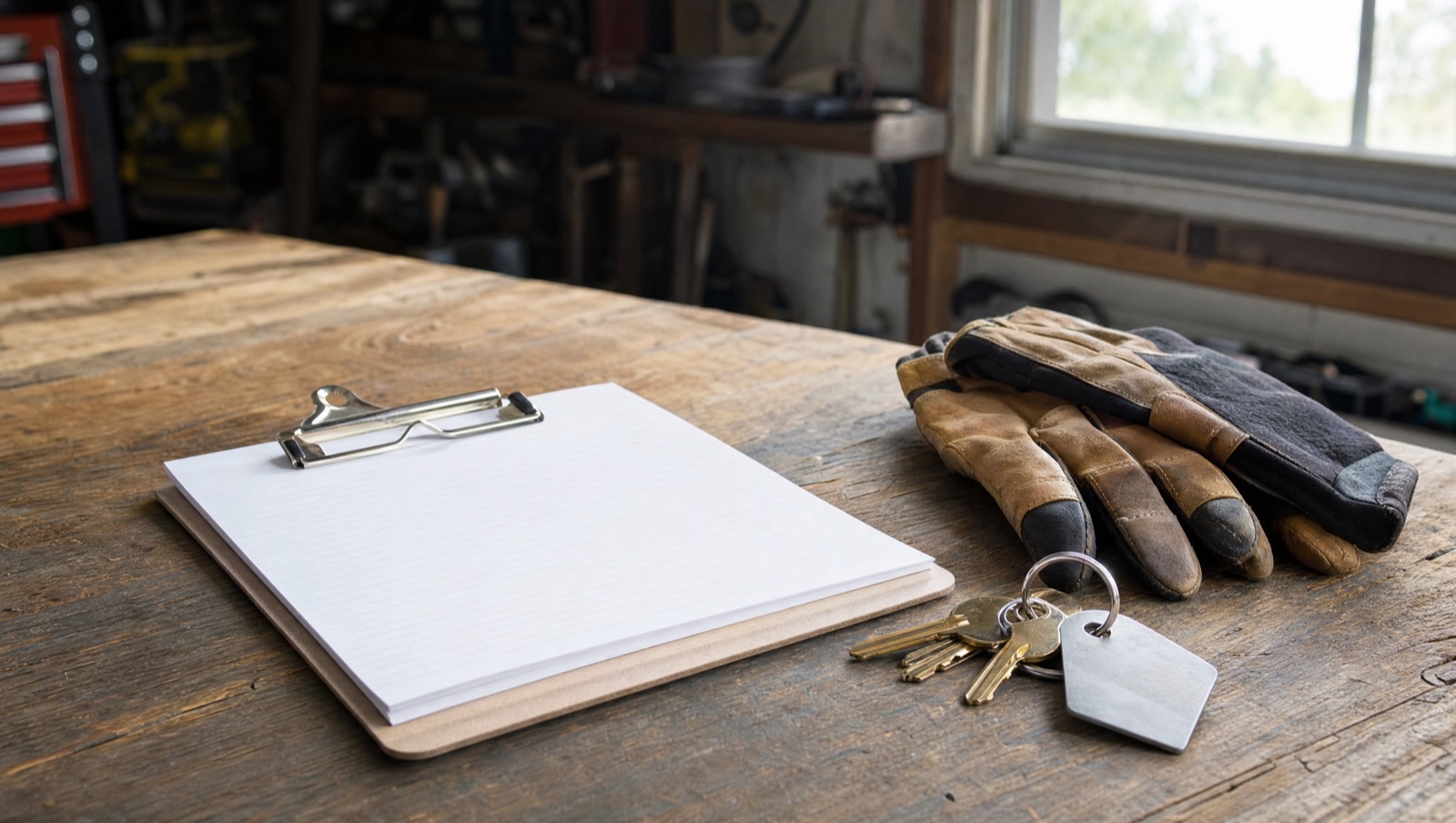 Maintenance checklist, work gloves and keys laid out on a desk
