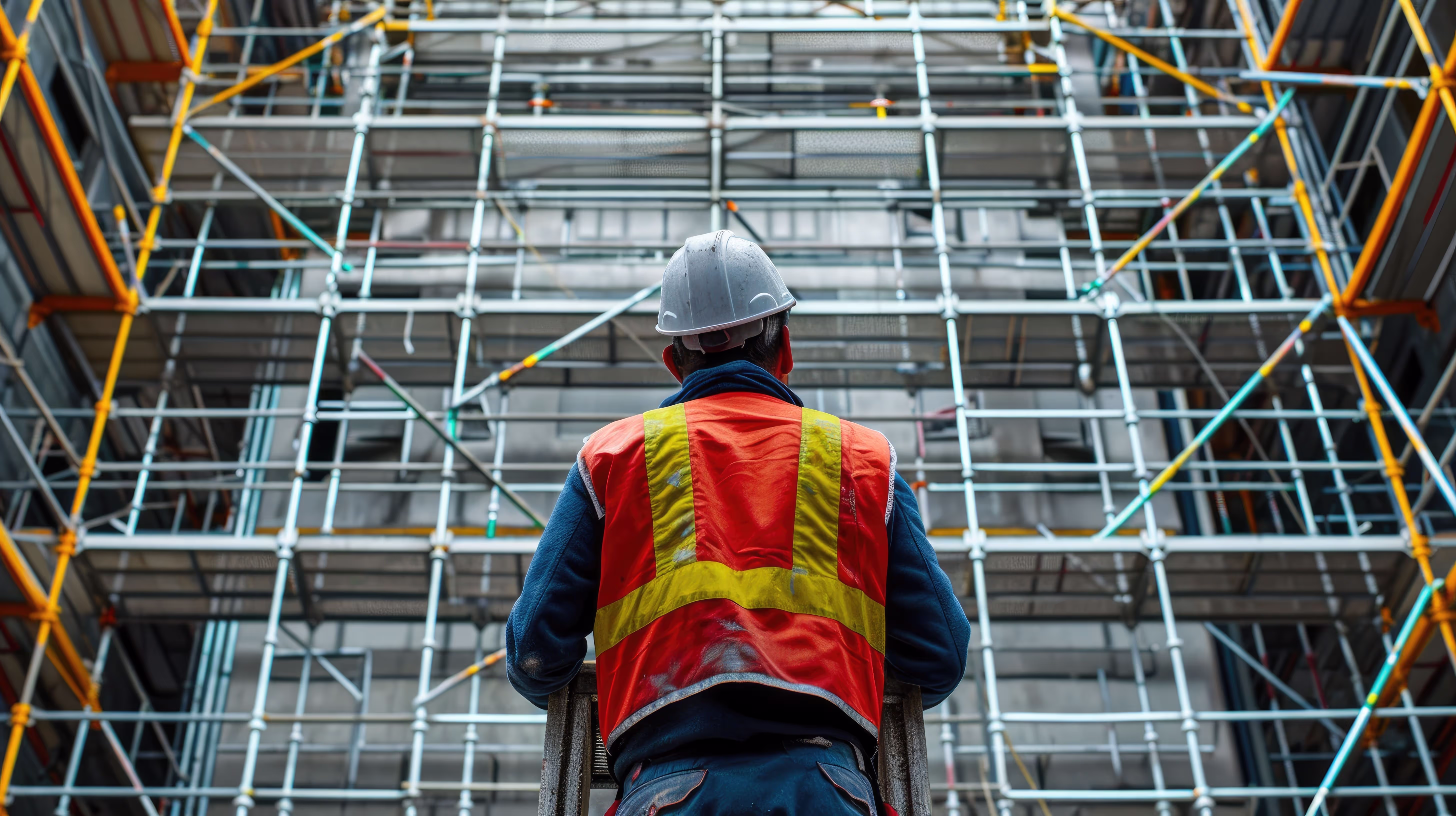 Large scale scaffold project with contractor wearing a Hi-Vis jacket stood in front looking up at the scaffold tower.