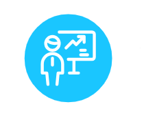 Icon für Schulung oder Präsentation, dargestellt als blaues Symbol mit Person vor einem Diagramm.