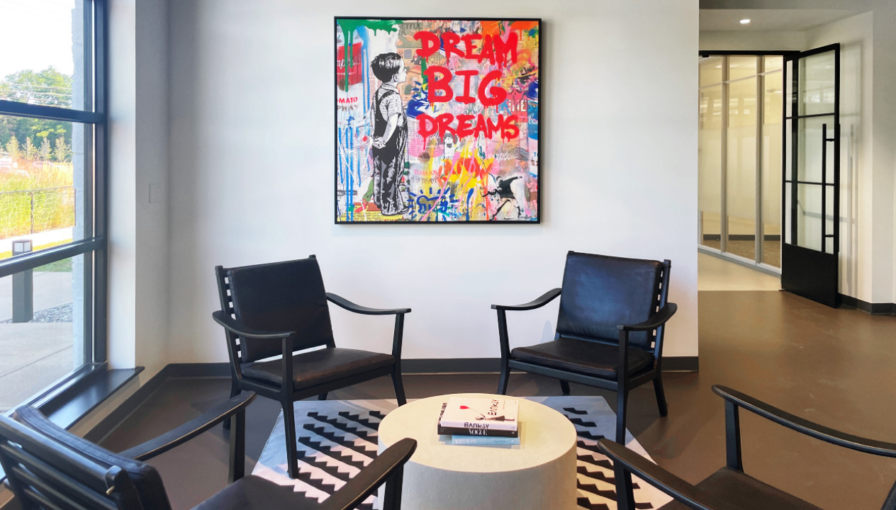 Co-warehousing seating area with artwork