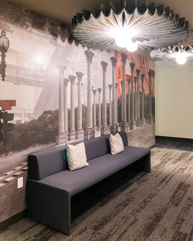 Consulting firm couch in hallway