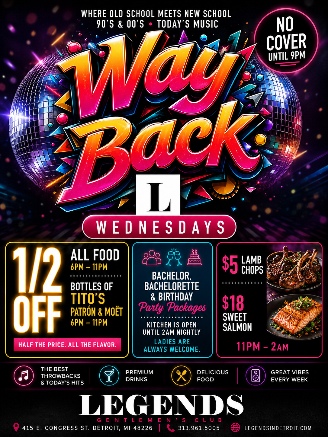 HALF OFF ALL Food, Tito's, Patron and Moet bottles, 6PM-11PM EVERY Wednesday!