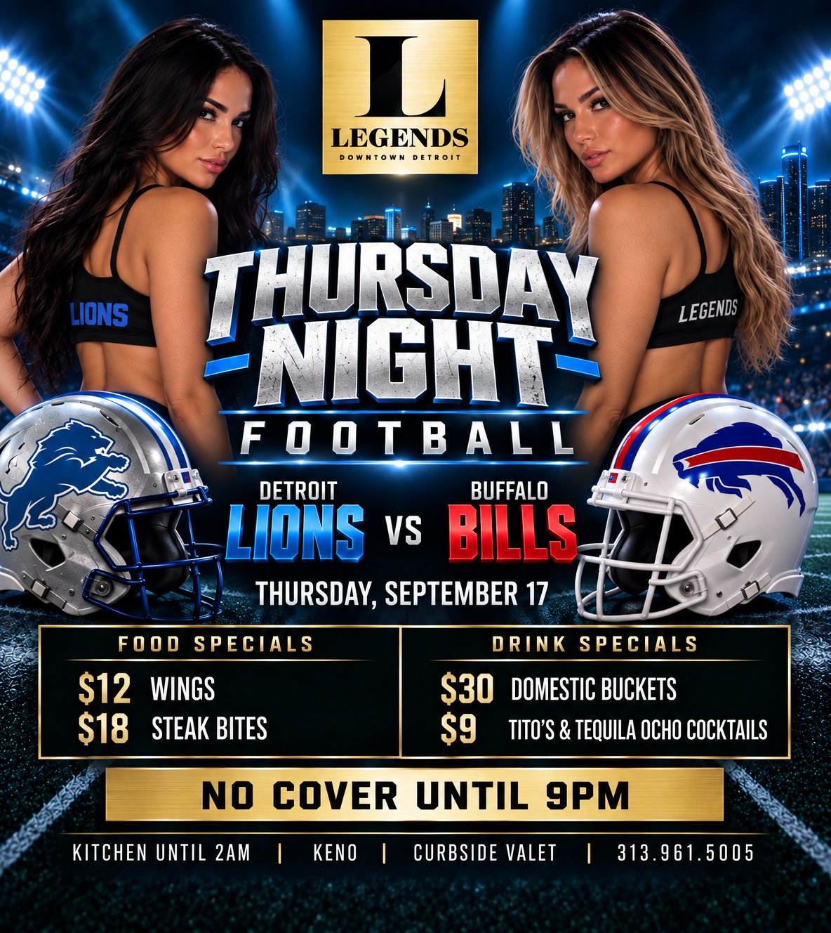 Lions vs Bills Thursday night at Legends Detroit with game audio, 30 FT video wall, food & drink features, Keno and late kitchen.