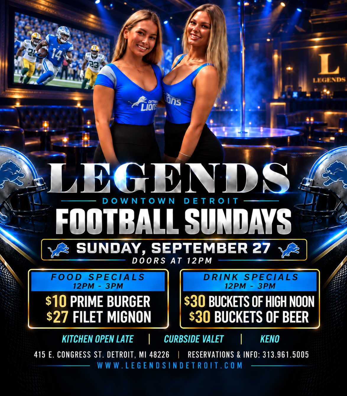 Celebrate the Lions home game at Legends Downtown Detroit! Doors at 12PM, game-day food and drink specials, VIP seating and more.