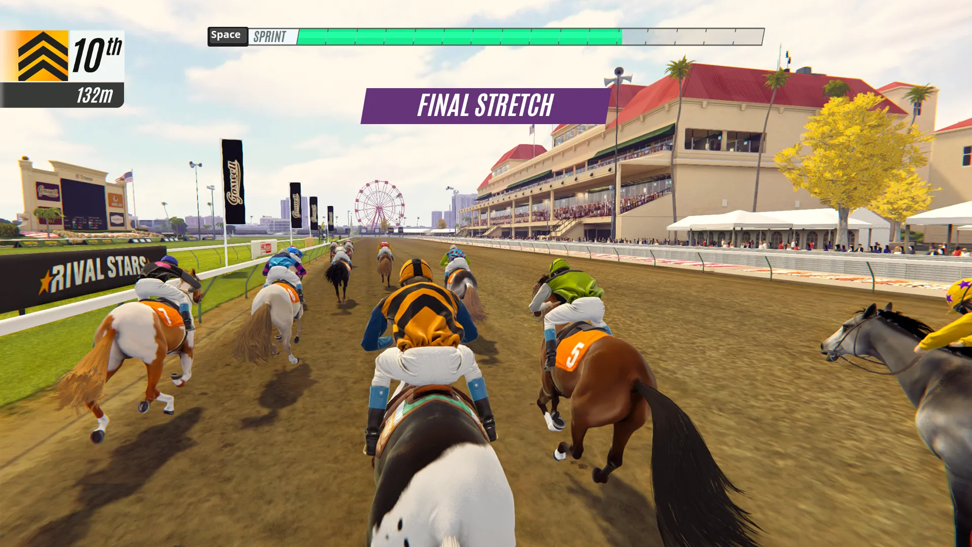 View from behind a jockey riding a spotted horse in a horse race approaching the final stretch with a grandstand and Ferris wheel in the background.