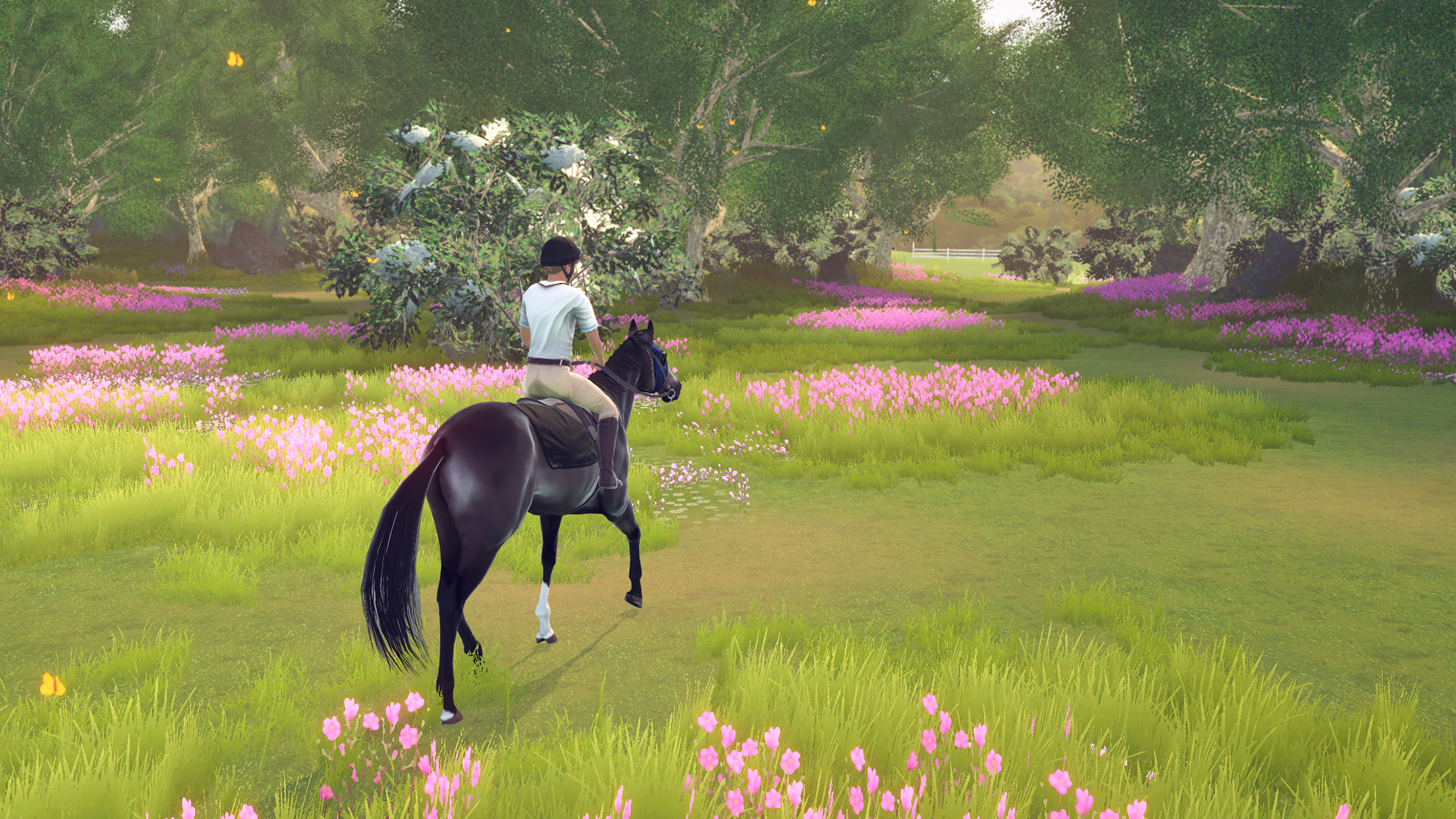 Person wearing riding gear on a black horse in a green meadow with pink flowers and trees.
