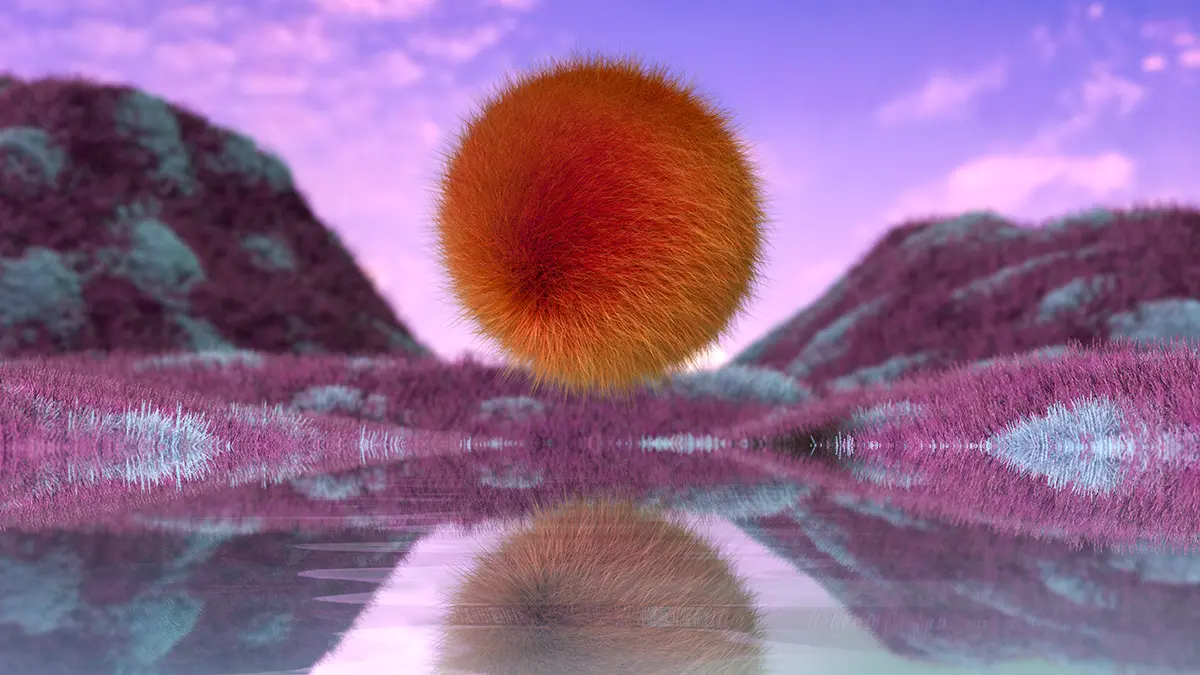 Furry orange ball in a furry purple landscape