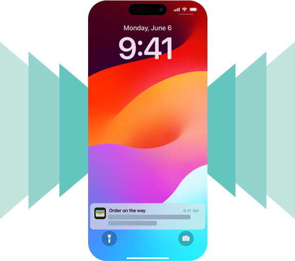 A smartphone displaying a lock screen notification with the message "Order on the way" and a progress bar