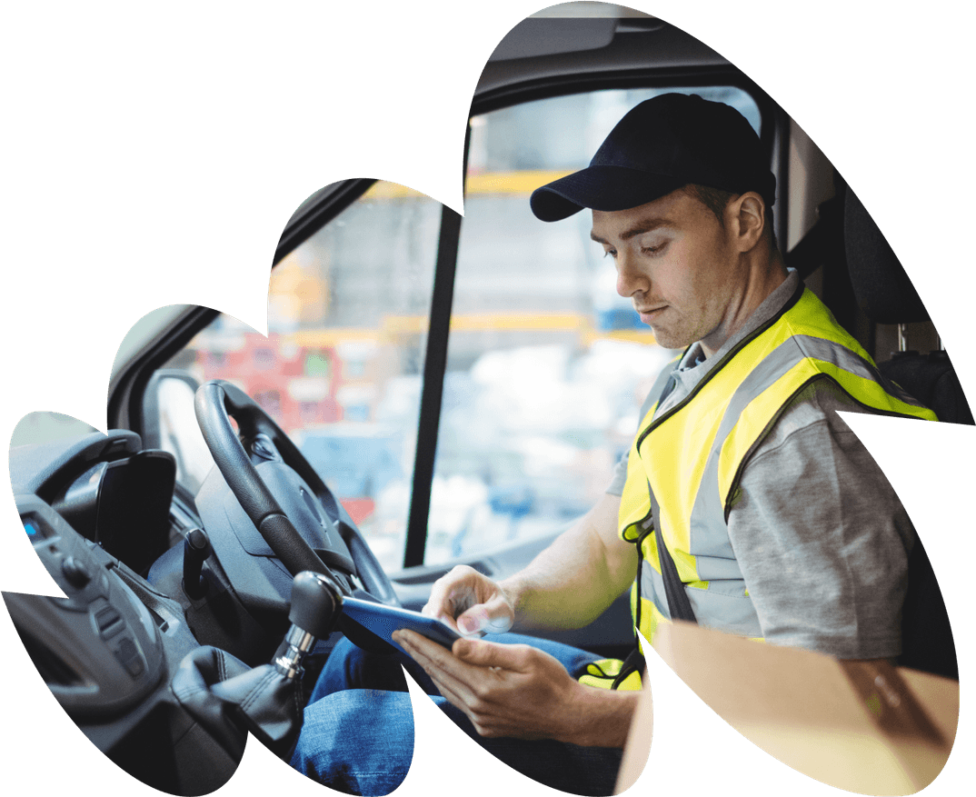 Delivery driver sitting in van, typing on tablet