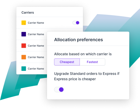 A digital interface showing carrier selection options, with colored icons for different carriers, and allocation preferences settings