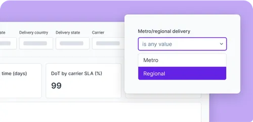 A user interface displaying delivery statistics with a dropdown menu for selecting between "Metro" and "Regional" delivery options.