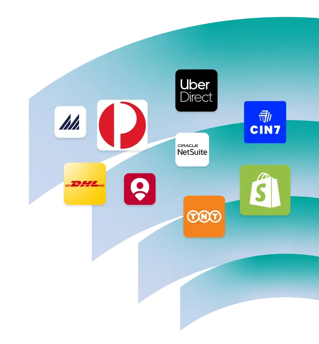 A collection of company logos, including Uber Direct, Australia Post, DHL, Shopify, and Oracle NetSuite, displayed in a cascading format on a gradient background