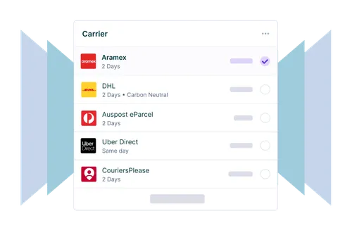 Carrier options list with Aramex selected, showing delivery times for each service.