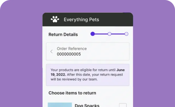 A mobile interface showing return details for a pet product order from "Everything Pets."