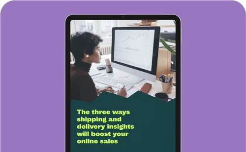 A person working on a desktop computer with graphs and charts displayed on the screen. The image is overlaid with the text, "The three ways shipping and delivery insights will boost your online sales.
