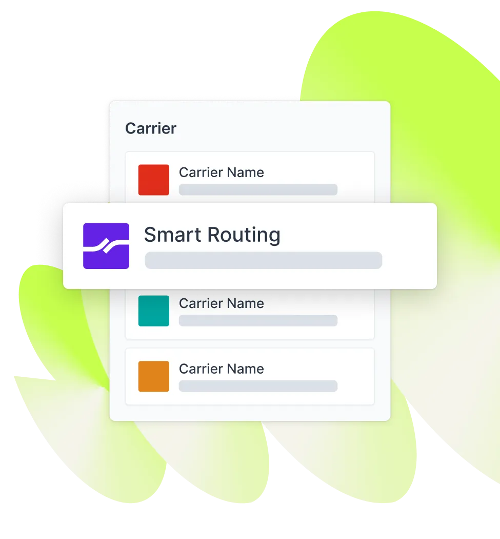 A graphic showing a user interface element labeled 'Smart Routing' with multiple carrier options listed below it, each represented by different colours. The background features abstract, neon green shapes