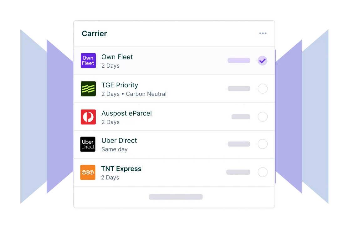 Carrier selection screen listing delivery options 