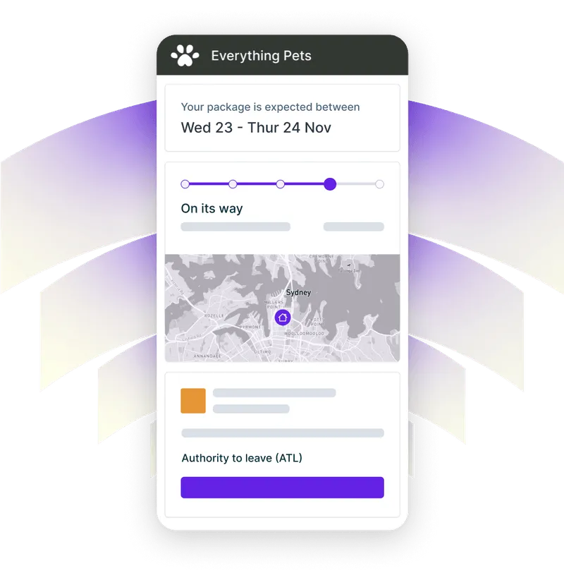Package tracking screen showing expected delivery between, package status as 'On its way,' and a map of the package's location 