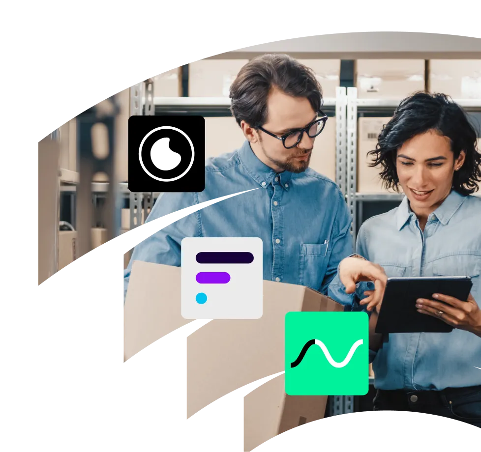 Two coworkers in a warehouse discussing something on a tablet, with overlaid app icons for logistics and communication tools