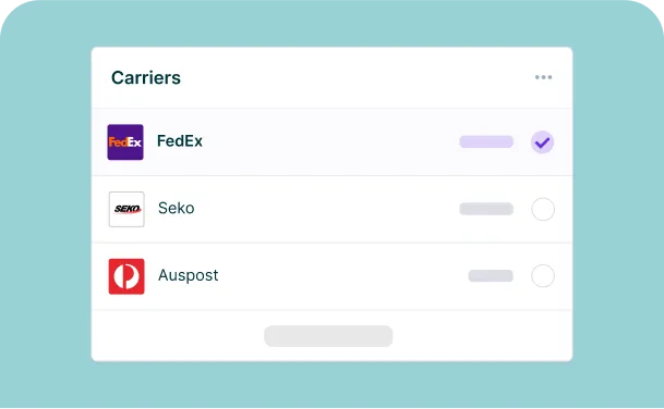 Carrier selection screen showing options for FedEx, Seko, and Auspost, with FedEx selected
