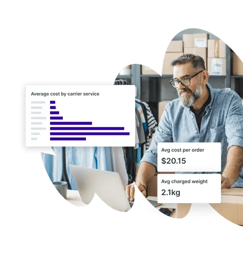 Businessman working on a laptop in a retail setting with graphs and metrics overlaid, showing average shipping cost per order and carrier service data