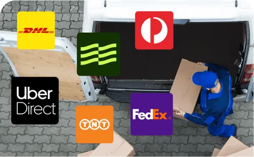 Delivery worker loading boxes into a van, surrounded by logos of various carrier services including DHL, Australia Post, Uber Direct, TNT, FedEx, and TGE Priority