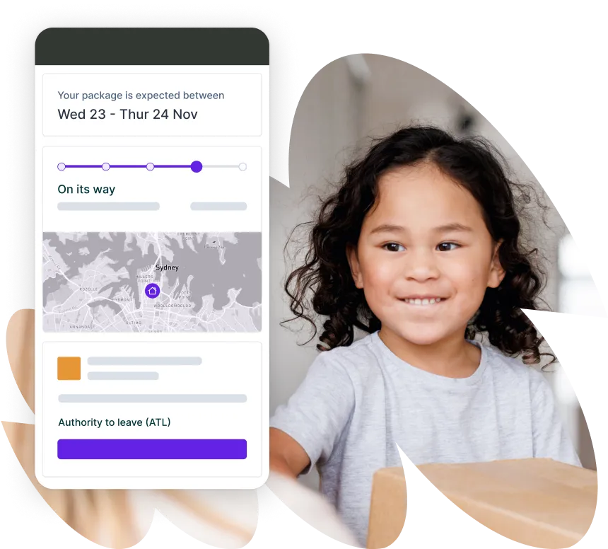 The image shows a package delivery tracker with expected dates "Wed 23 - Thu 24 Nov," a map of Sydney, and a child holding a package. The status reads "On its way" with an "Authority to leave (ATL)" option.