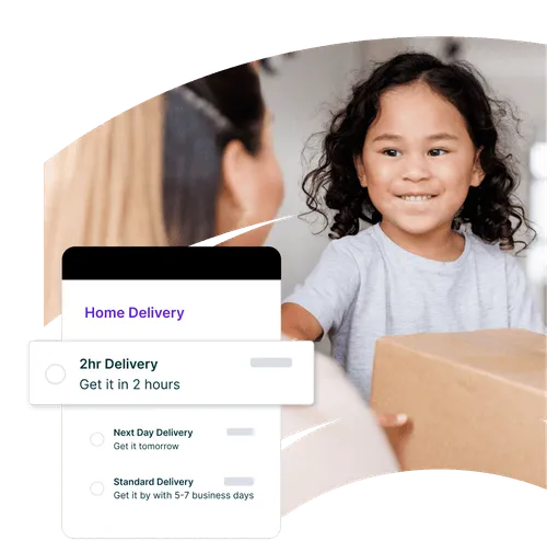 Smiling child holding a cardboard box, with an overlaid delivery options screen showing choices for 2hr Delivery, Next Day Delivery, and Standard Delivery
