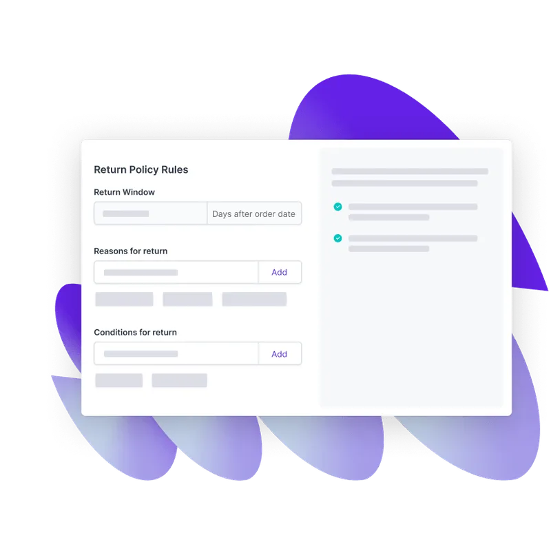Return policy rules interface displaying fields for setting the return window, reasons for return, and conditions for return, with options to add details