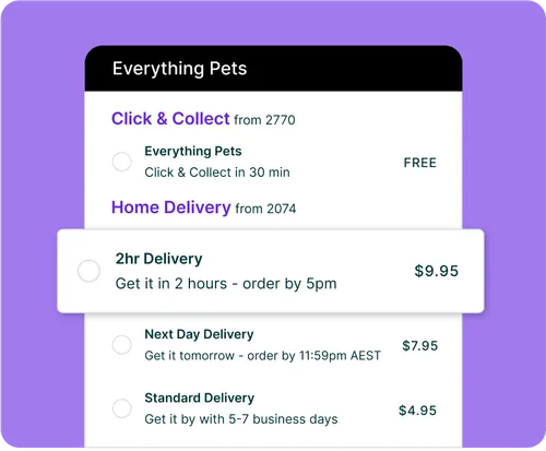 Delivery options' featuring Click & Collect for free, 2-hour delivery for $9.95, Next Day Delivery for $7.95, and Standard Delivery for $4.95