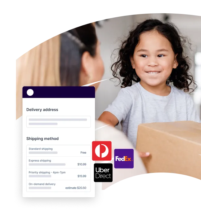 A smiling child receiving a package with a shipping method selection window. Delivery options include Standard shipping (Free), Express shipping ($10.99), Priority shipping (4 pm-7 pm, $15.99), and On-demand delivery (estimate $20.50). Logos for Australia Post, Uber Direct, and FedEx are also featured