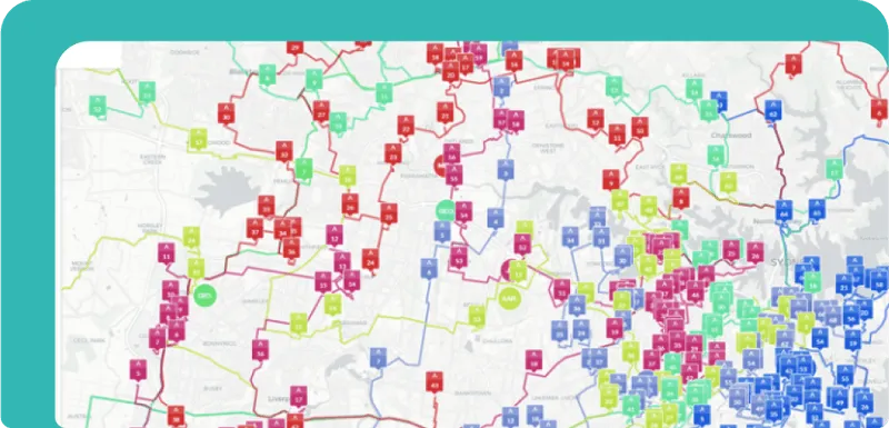A map displaying a network of routes marked in various colours like red, green, blue, and yellow, each representing different delivery regions