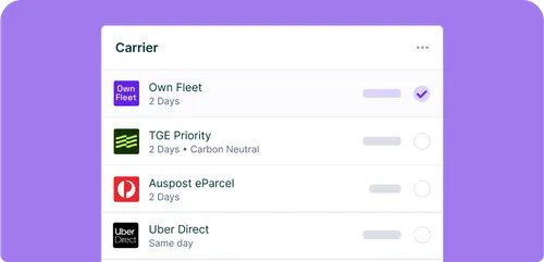 A carrier selection screen showing various delivery options